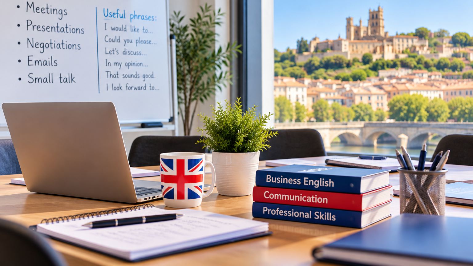 Salle de formation en anglais professionnel avec ordinateur et supports pédagogiques.
